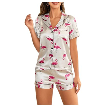 Floerns Women's Notch Collar Print Sleepwear Two Piece Pajama Set - Chic Beige Flamingo Design
