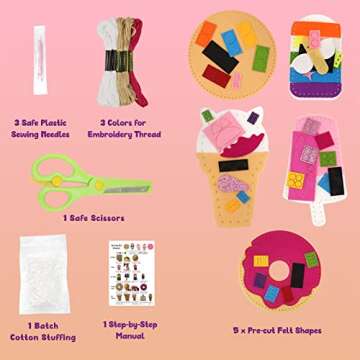 Cymbana Kids Sewing Kit Make Your Own Food Felt Plush Toy, Donuts, Ice Cream Craft Art Set for Beginners, Girls Gifts for Children Ages 6+