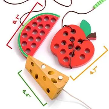 Lacing Toy for Toddlers, Fine Motor Skill Toys for 3 Year Old, Educational Learning Montessori Activity for Baby Kids, Car Plane Travel Games, Wooden Threading Toys 1 Apple,1 Watermelon, 1 Cheese.