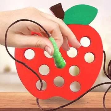 Lacing Toy for Toddlers, Fine Motor Skill Toys for 3 Year Old, Educational Learning Montessori Activity for Baby Kids, Car Plane Travel Games, Wooden Threading Toys 1 Apple,1 Watermelon, 1 Cheese.