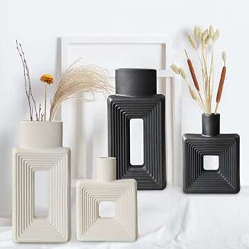Black Ceramic Vase Set of 2，Square Vase Rustic Home Decor Minimalist Nordic Boho Style for Living Room, Shelf, Table, Bookshelf, Mantel and Entryway Decor Vases