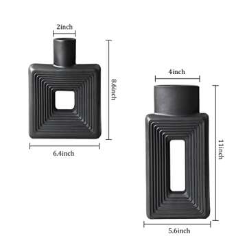 Black Ceramic Vase Set of 2，Square Vase Rustic Home Decor Minimalist Nordic Boho Style for Living Room, Shelf, Table, Bookshelf, Mantel and Entryway Decor Vases
