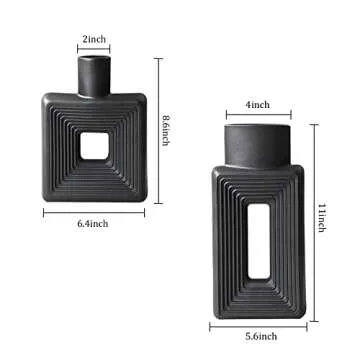 Black Ceramic Vase Set of 2，Square Vase Rustic Home Decor Minimalist Nordic Boho Style for Living Room, Shelf, Table, Bookshelf, Mantel and Entryway Decor Vases
