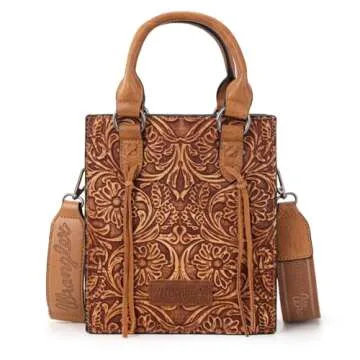 Wrangler Small Crossbody Bag for Women Wallet Women Fringe Top handle handbag Mini Purse and Embossed Western Purse WG271-8119LBR