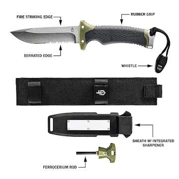 Gerber Gear Ultimate Survival Knife, Fixed Blade Knife with Combo Edge, includes Fire Starter Edge and Ferro Rod, Whistle, Sheath with Integrated Sharpener - Bushcraft, Hunting and Camping Tool