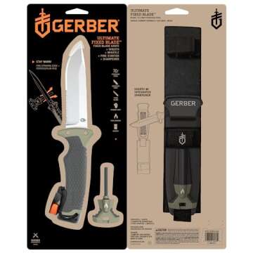 Gerber Gear Ultimate Survival Knife, Fixed Blade Knife with Combo Edge, includes Fire Starter Edge and Ferro Rod, Whistle, Sheath with Integrated Sharpener - Bushcraft, Hunting and Camping Tool
