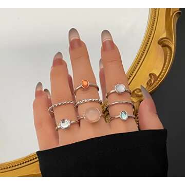 ItsStarred 8pcs Silver Crystal Knuckle Ring Set for Women Boho Vintage Stackable Midi Finger Rings S...