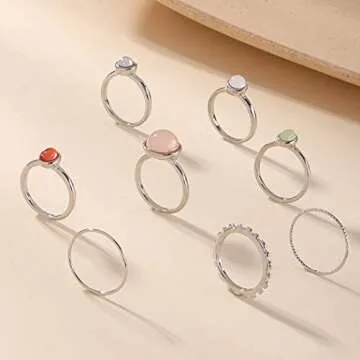 ItsStarred 8pcs Silver Crystal Knuckle Ring Set for Women Boho Vintage Stackable Midi Finger Rings Set (B2: Colorful Crystal)