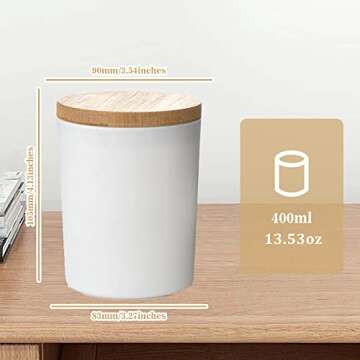 Ezebesta 3PCS Farmhouse 13.53oz White Bathroom Canisters with 12 Labels & Wooden Lid Thick Glass Jar Set Qtip Holder for Cotton Ball & Pads Storage Organization Minimalist Decor