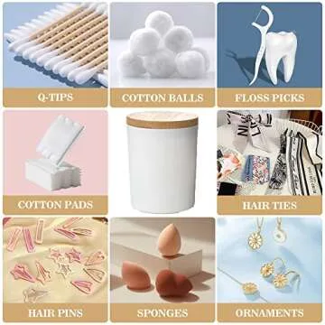 Ezebesta 3PCS Farmhouse 13.53oz White Bathroom Canisters with 12 Labels & Wooden Lid Thick Glass Jar Set Qtip Holder for Cotton Ball & Pads Storage Organization Minimalist Decor