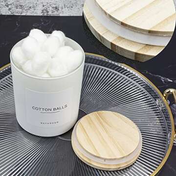 Ezebesta 3PCS Farmhouse 13.53oz White Bathroom Canisters with 12 Labels & Wooden Lid Thick Glass Jar Set Qtip Holder for Cotton Ball & Pads Storage Organization Minimalist Decor