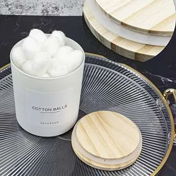 Ezebesta 3PCS Farmhouse 13.53oz White Bathroom Canisters with 12 Labels & Wooden Lid Thick Glass Jar Set Qtip Holder for Cotton Ball & Pads Storage Organization Minimalist Decor