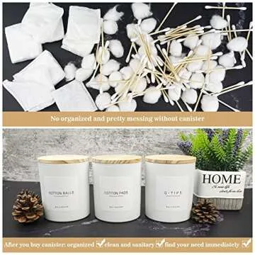 Ezebesta 3PCS Farmhouse 13.53oz White Bathroom Canisters with 12 Labels & Wooden Lid Thick Glass Jar Set Qtip Holder for Cotton Ball & Pads Storage Organization Minimalist Decor