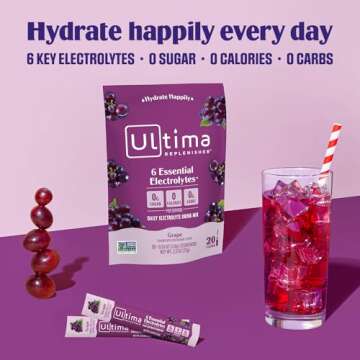 Ultima Replenisher Daily Electrolyte Powder Drink Mix – Grape, 20 Stickpacks – Hydration Packets with 6 Key Electrolytes and Trace Minerals – Keto Friendly, Vegan, Non-GMO and Sugar-Free