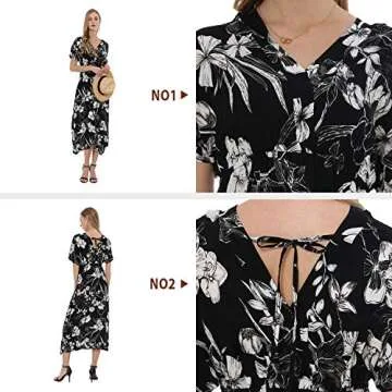 Wantdo Women's V Neck Dress Short Sleeve Floral Dresses Casual Black White S