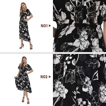 Wantdo Women's V Neck Dress Short Sleeve Floral Dresses Casual Black White S