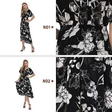 Wantdo Women's V Neck Dress Short Sleeve Floral Dresses Casual Black White S