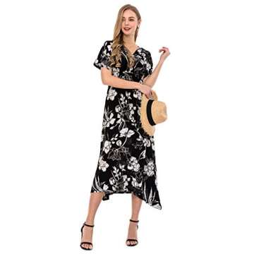 Wantdo Women's V Neck Dress Short Sleeve Floral Dresses Casual Black White S