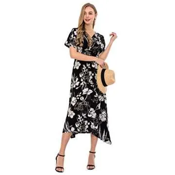 Wantdo Women's V Neck Dress Short Sleeve Floral Dresses Casual Black White S