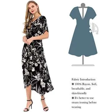 Wantdo Women's V Neck Dress Short Sleeve Floral Dresses Casual Black White S