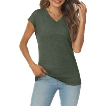 AUTOMET V Neck T Shirts for Women Cap Sleeve Summer Cute Tops Trendy Beach Vacation Clothes Spring Fashion ArmyGreen XS