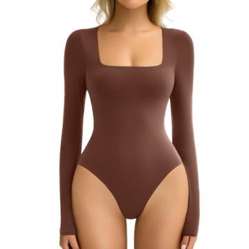 Avidlove Women's Long Sleeve Bodysuit Double Lined Square Neck Body Suit Tops Snap Closure Soft (Bro...