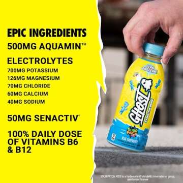 GHOST Hydration Drink, Sour Patch Kids Blue Raspberry - RTD Sports Drinks with Electrolytes for Hydration - Beverage for Athletes - Zero Caffeine & Zero Sugars - 16.9 Fl Oz, 12 Pack