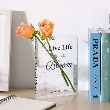 Fixwal Acrylic Book Vase for Home Decor, 6x8 Inches Aesthetic Room Decor, Clear Book Shape Artistic Irregular Transparent Vase, Bedroom or Office Decorations