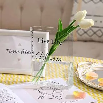 Fixwal Acrylic Book Vase for Home Decor, 6x8 Inches Aesthetic Room Decor, Clear Book Shape Artistic Irregular Transparent Vase, Bedroom or Office Decorations