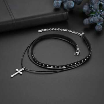 Flongo Womens Gothic Vintage Flannelette Rope Cross Rivet Choker Punk Collar Neckband