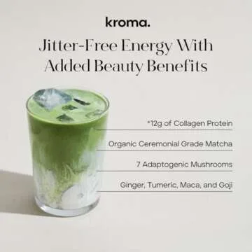 KROMA. Ceremonial Grade Matcha Powder, Gluten Free Green Tea Collagen Powder with Mushrooms, Ginger, Turmeric, L Theanine, Maca, Matcha Latte Powder, Natural Caffeine for Energy Support - 7 Packets