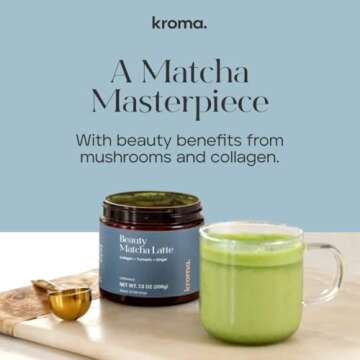 KROMA. Ceremonial Grade Matcha Powder, Gluten Free Green Tea Collagen Powder with Mushrooms, Ginger, Turmeric, L Theanine, Maca, Matcha Latte Powder, Natural Caffeine for Energy Support - 7 Packets