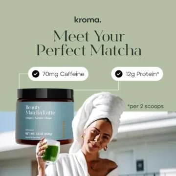 KROMA. Ceremonial Grade Matcha Powder, Gluten Free Green Tea Collagen Powder with Mushrooms, Ginger, Turmeric, L Theanine, Maca, Matcha Latte Powder, Natural Caffeine for Energy Support - 7 Packets