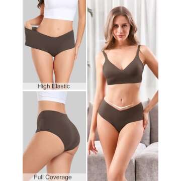 GNEPH Women's Seamless High Waisted Stylish Full Coverage No-Show Bikini Panties 6PACK Comfortable Underwear for Daily Wear (G855L-Coffee)