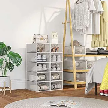 10 Pack Shoe Storage Boxes, Clear Plastic Stackable Shoe Organizer Bins, Drawer Type Front Opening Sneaker Shoe Holder Containers