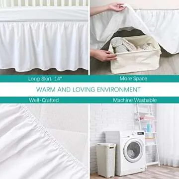 Crib Bed Skirt 28” x 52” with 14” Drop Pleated Dust Ruffle for Baby Boys Girls Elastic Adjustable Fit Toddler Bedskirt Easy On/Off Soft Nursery Standard Crib Bedding Skirts Solid White Crib Skirt
