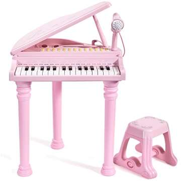 Conomus 31 Keys Piano Keyboard Toy for Kids, Birthday Gift for 1 2 Year Old Girls，Pink Musical Piano Toy for Toddlers with Microphone and Stool