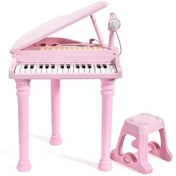 Conomus 31 Keys Piano Keyboard Toy for Kids, Birthday Gift for 1 2 Year Old Girls，Pink Musical Piano Toy for Toddlers with Microphone and Stool