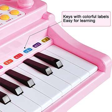 Conomus 31 Keys Piano Keyboard Toy for Kids, Birthday Gift for 1 2 Year Old Girls，Pink Musical Piano Toy for Toddlers with Microphone and Stool