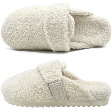 ONCAI Womens Fluff Slippers,Cute Sherpa Faux Fur Scuff Garden Slip on House Slippers with Polar Fleece Lining Memory Foam Footbed and Indoor/Outdoor Rubber Hard Soles White US Size 8