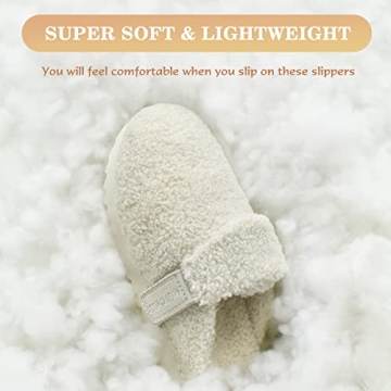 ONCAI Womens Fluff Slippers,Cute Sherpa Faux Fur Scuff Garden Slip on House Slippers with Polar Fleece Lining Memory Foam Footbed and Indoor/Outdoor Rubber Hard Soles White US Size 8