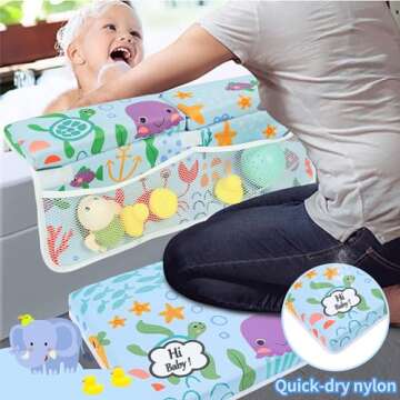 YGLOLRAME Baby Bathtub Bath Kneeler and Elbow Rest Pad with Toy Organizer Pockets Thickened Bath Kneeling Pad for Baby Toddler Bathing Mat Parents Quick Drying, Foldable, Non-Slip, Blue
