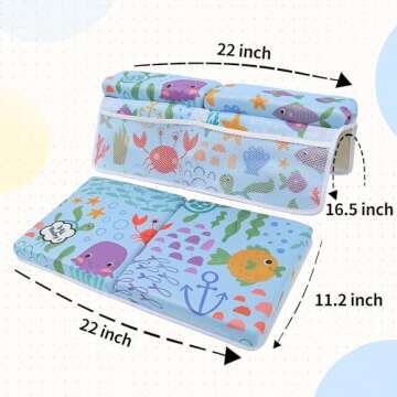 YGLOLRAME Baby Bathtub Bath Kneeler and Elbow Rest Pad with Toy Organizer Pockets Thickened Bath Kneeling Pad for Baby Toddler Bathing Mat Parents Quick Drying, Foldable, Non-Slip, Blue