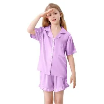 Umeyda Girls 3 Pieces Pajamas Sets Silk Satin Ruffle Sleepwear Short Sleeve Button-Down Nightwear, Light Purple, 11-12 Years