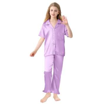 Umeyda Girls 3 Pieces Pajamas Sets Silk Satin Ruffle Sleepwear Short Sleeve Button-Down Nightwear, Light Purple, 11-12 Years