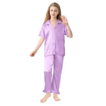 Umeyda Girls 3 Pieces Pajamas Sets Silk Satin Ruffle Sleepwear Short Sleeve Button-Down Nightwear, Light Purple, 11-12 Years