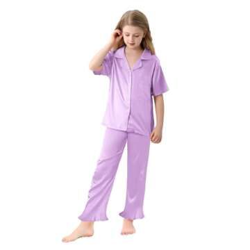 Umeyda Girls 3 Pieces Pajamas Sets Silk Satin Ruffle Sleepwear Short Sleeve Button-Down Nightwear, Light Purple, 11-12 Years
