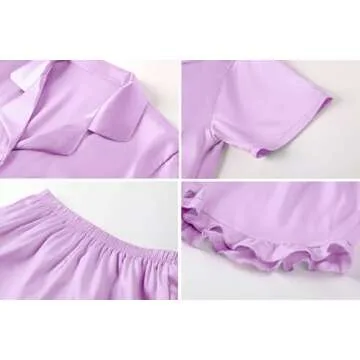 Umeyda Girls 3 Pieces Pajamas Sets Silk Satin Ruffle Sleepwear Short Sleeve Button-Down Nightwear, Light Purple, 11-12 Years