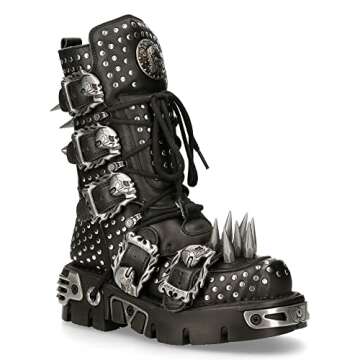 New Rock Boots 1535-S1 Womens Metallic Black Leather Goth Studded Spike Boot