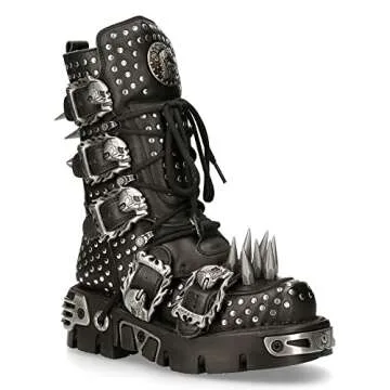 New Rock Boots 1535-S1 Womens Metallic Black Leather Goth Studded Spike Boot